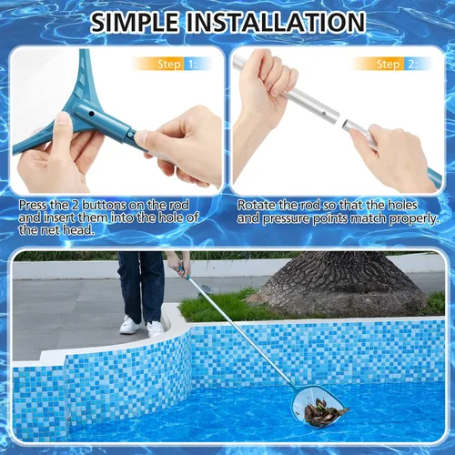 Miniatura 6 de Red profesional de desnatador de piscina de 57 pulgadas con 4 postes de aluminio, malla fina para eliminación rápida de desechos, redes de piscina