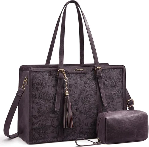 Miniatura 29 de LOVEVOOK Bolsa para laptop para mujer, bolsa de lona ligera de 15.6 pulgadas, bolsa grande para computadora, con bolso de mano, para negocios, Beige