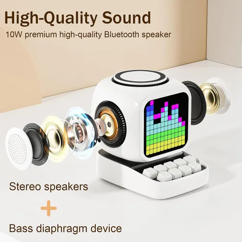 Miniatura 2 de Altavoz Bluetooth con pantalla LED clásica de 11 x 11 píxeles, altavoces de escritorio compatibles con carga inalámbrica para iPhone