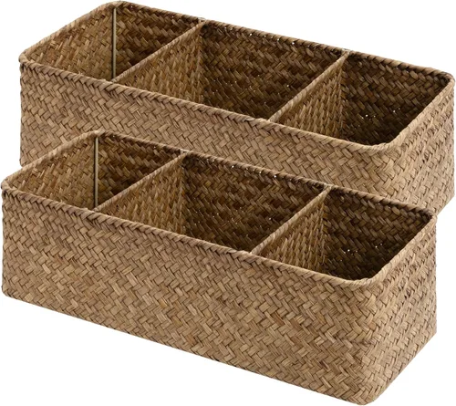 Miniatura 8 de StorageWorks Cestas de papel higiénico para estantes, cestas de mimbre de 3 secciones, cesta de inodoro para tapa de depósito, encimera, despensa