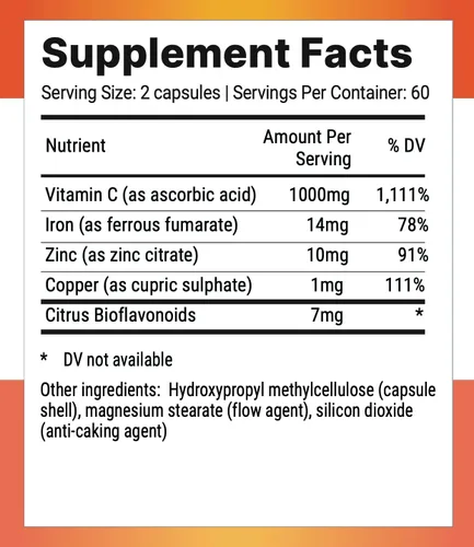 Miniatura 2 de Nutri-Align Mega Vitamina C 120 cápsulas de vitamina C de alta resistencia de 1000 mg - VIT C y suplemento de zinc, hierro y cobre Suplementos