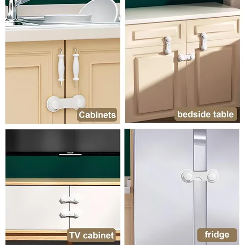 Miniatura 5 de Paquete de 8 cerraduras para puertas de gabinete a prueba de bebés y niños con adhesivo a prueba de niños, cerraduras de seguridad para niños, Blanco