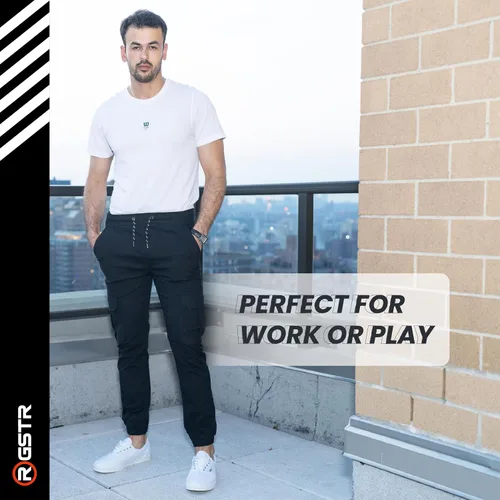 Miniatura 6 de RGSTR Paquete de 3 pantalones cargo para hombre, pantalones deportivos de sarga de ajuste relajado con cintura elástica y tela elástica, uso casual