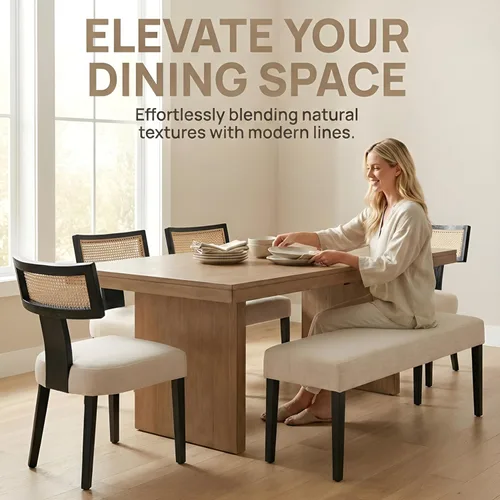 Miniatura 7 de HNY Juego de 2 sillas de comedor de ratán modernas de mediados de siglo, silla decorativa tapizada de lino de granja, sillas de cocina con respaldo