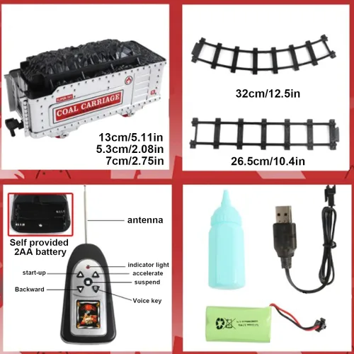 Miniatura 4 de Tren eléctrico de Navidad con control remoto con humo, luces, sonido, locomotora, automóviles y transporte remoto, recargable por USB, con pista