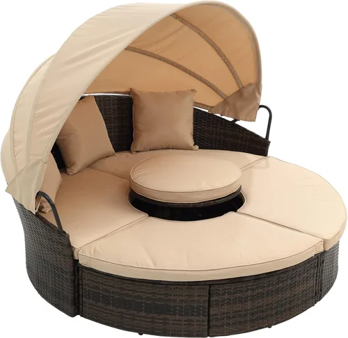Miniatura 4 de Sofá cama redondo de ratán al aire libre con toldo retráctil y mesa de centro elevadora, muebles de patio, juego de sofá para piscina Garde