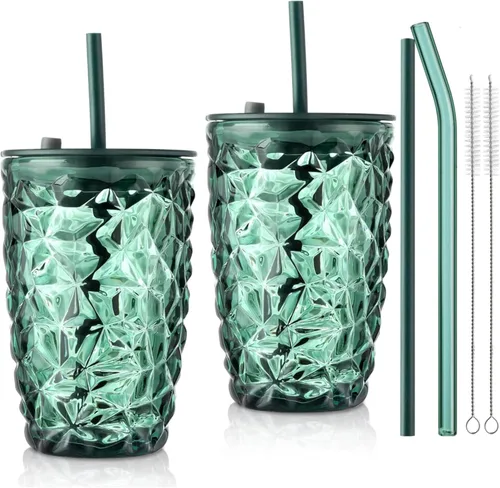 Miniatura 8 de Joeyan Vaso verde de 14.5 onzas con tapa y pajita, tazas de vidrio para café helado a rayas, tarro de té de batido de color, bebidas portátiles
