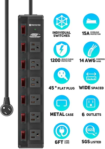Miniatura 2 de CRST Regleta de alimentación de metal de 6 tomas con interruptores individuales, protector contra sobretensiones montable para garaje, taller