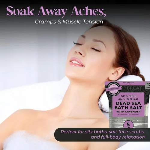 Miniatura 5 de Aromasong Sal pura del mar muerto para remojar con lavanda 100% natural, 5 libras, sal de baño de spa de grano fino, exfoliante de lavado corporal