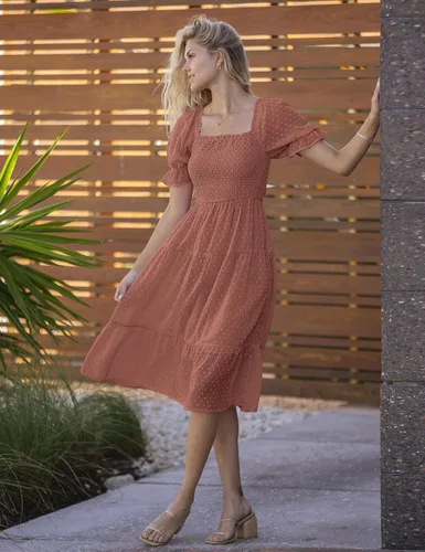 Miniatura 3 de MEROKEETY - Vestido de verano con lunares suizos para mujer vestido midi con cuello cuadrado, mangas abombadas, volados, lazo en la espalda