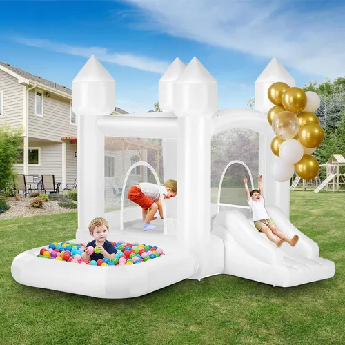 Casa de rebote blanca para niños con bolas, casa inflable para interiores y exteriores, incluye soplador, fácil instalación, castillo animoso
