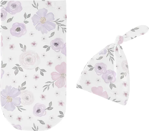 Miniatura 2 de Sweet Jojo Designs Juego de 2 gorros y capullos florales de acuarela para bebé, saco de dormir de punto elástico para bebé, recién nacido, saco