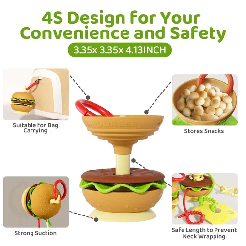 Miniatura 4 de Aprilwolf Hamburger - Soporte de juguetes con ventosa para silla alta, cochecito, juguetes de bebé de 6 a 12 meses y niños pequeños, 3 correas