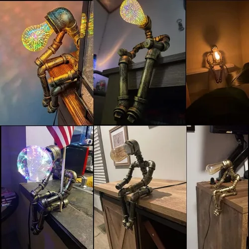 Miniatura 8 de Lámpara de mesa Steampunk, lámpara de escritorio retro industrial de bronce con 2 bombillas Edison regalo creativo