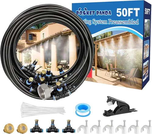Miniatura 16 de Sistema de nebulización para patio de 80 pies (78.7 ft), manguera de rociador de agua para exteriores, jardín, invernadero, cubierta, paraguas, Negro