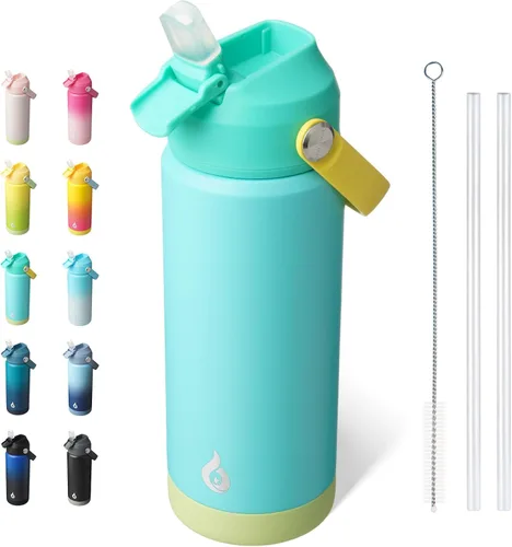 Miniatura 25 de BJPKPK - Botella de agua aislada con tapa de popote, 532 ml Botellas termo con boquilla suave, asa flexible y base antideslizante, libre de BPA, a