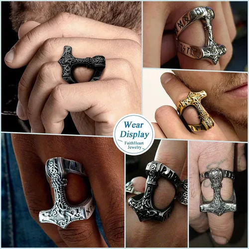 Miniatura 2 de FaithHeart Norse Viking Jewelry - Anillo de acero inoxidable de guerrero para hombre con diseño vikingo de cabeza de lobomartillo de Thor