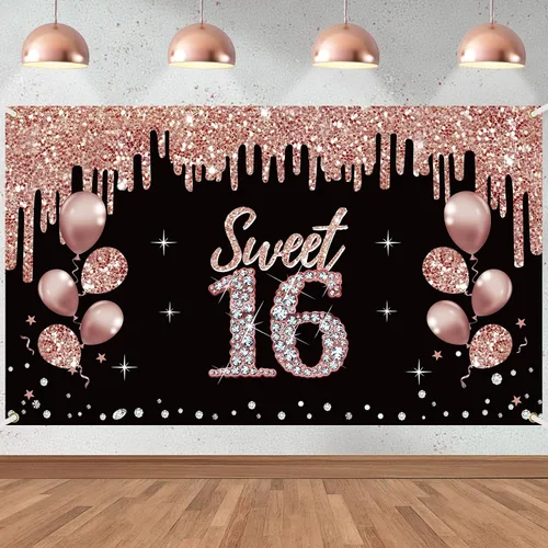 Cartel de decoración de feliz cumpleaños número 16 para niñas, decoración de cumpleaños de 16 años de oro rosa, suministros de fiesta, fondo de