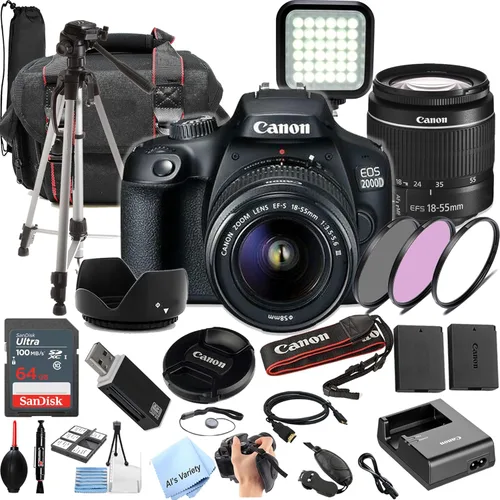 Canon EOS 2000D / Rebel T7 Kit de cámara DSLR con lente EF18-2.165 in + memoria de 64GB, luz de video LED, funda, trípode, filtros, agarre y más