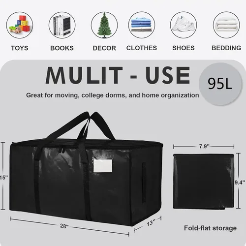 Miniatura 2 de Paquete de 4 bolsas de mudanza extra grandes y resistentes, bolsas de almacenamiento impermeables con asas y cremalleras, plegables para dormitorio