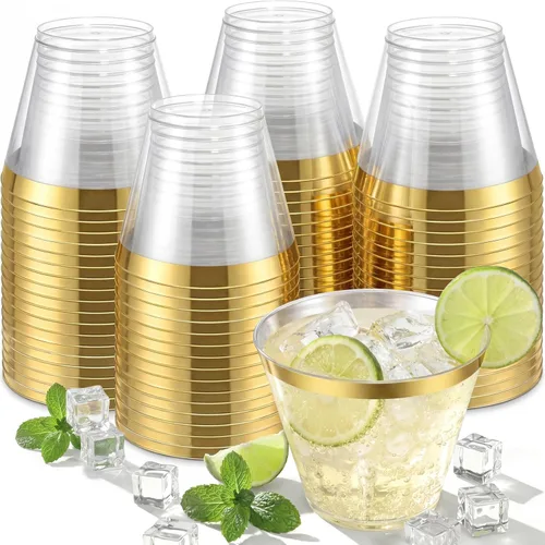 Miniatura 10 de Nervure 120 vasos de plástico con purpurina dorada, vasos de plástico resistentes de 9 onzas, vasos desechables dorados para bodas, Acción