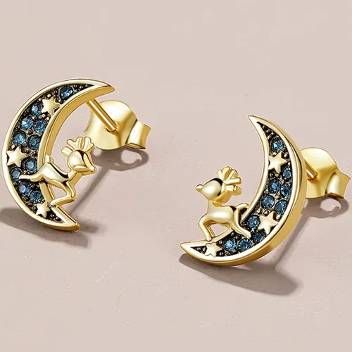 Miniatura 3 de Pendientes de tuerca de luna aretes de oro aretes de plata de ley ciervos cervatillos bonitos aretes de estrella para mujer con caja de regalo