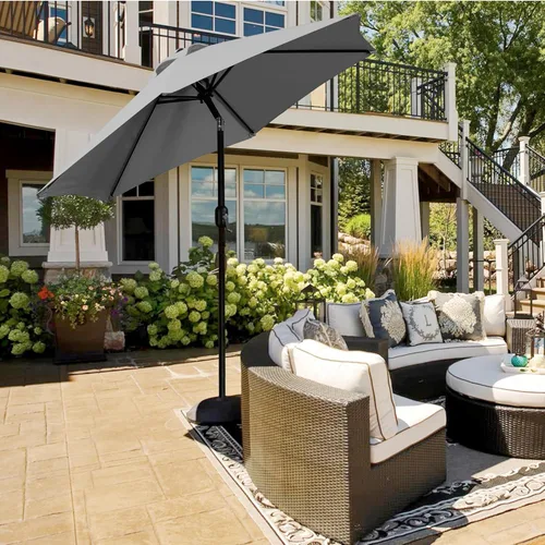 Miniatura 9 de Yaheetech Sombrilla de patio de 7.5 pies con 6 varillas resistentes, botón de inclinación y manivela para jardín, césped, cubierta, patio, piscina
