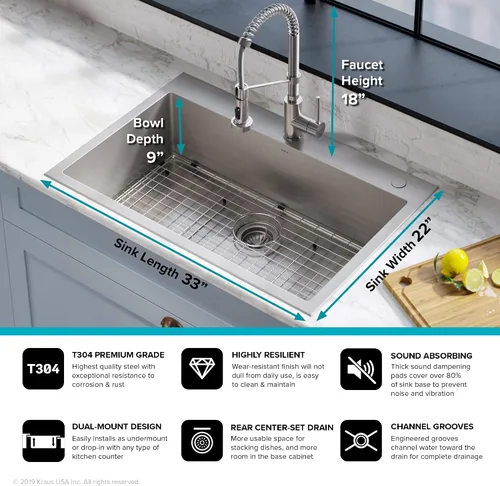 Miniatura 3 de Kraus KCA-1102 Stark Combo de Fregadero de Doble Montaje Drop y Grifo Comercial de Cocina Desplegable en Acabado de Acero Inoxidable, 33" - Tazón