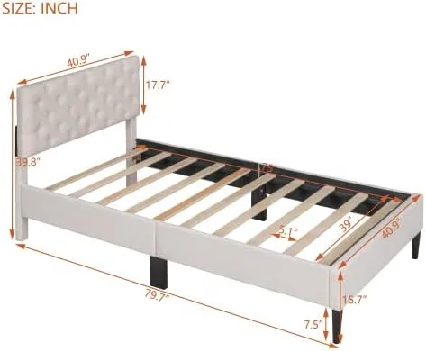 Miniatura 2 de Marco de cama de plataforma de tamaño individual, marco de cama tapizado de lino de diseño moderno con cabecera copetuda, cama de almacenamiento