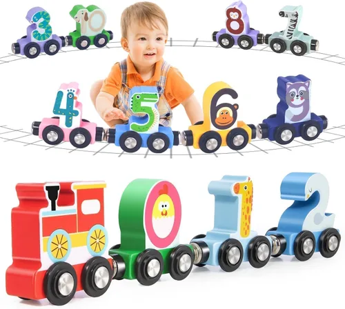 Juguetes para niños pequeños, juego de pista de tren magnético de madera de 12 piezas con diseños de animales y digitales, juguete educativo