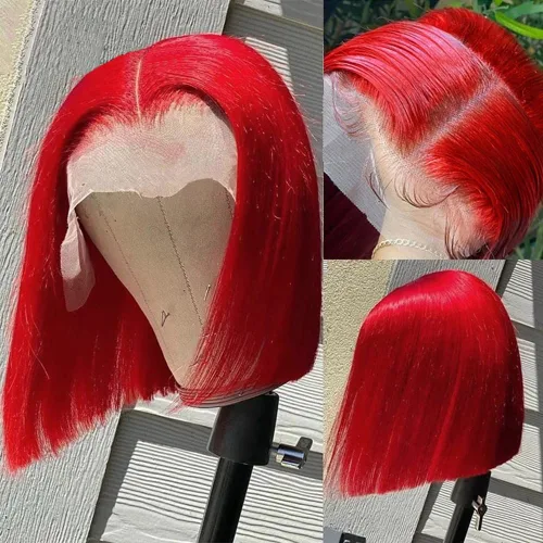 Miniatura 45 de Pelucas de cabello humano lacio marrón rojizo de 8 pulgadas, #33 13x4 HD, transparente, color marrón rojizo, peluca frontal de encaje frontal