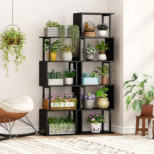 Miniatura 8 de Yusong Estantería de 5 niveles, estantería geométrica en forma de S para dormitorio, estante decorativo de madera moderna para oficina en casa, Negro