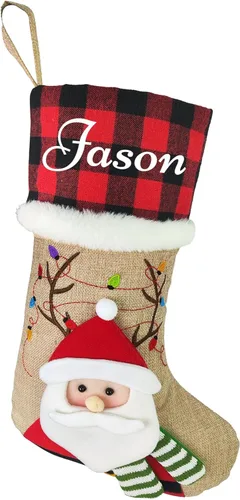 Miniatura 8 de Calcetines de Navidad personalizados para perros, patas de perro con nombre, sherpa sintético blanco con puño a cuadros rojos y detalles de hueso