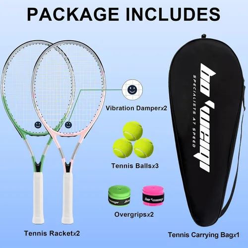 Miniatura 7 de bo'weiqi Juego de raquetas de tenis recreativas de 27 pulgadas para 2 jugadores, raquetas de tenis ligeras preencordadas para principiantes, incluye