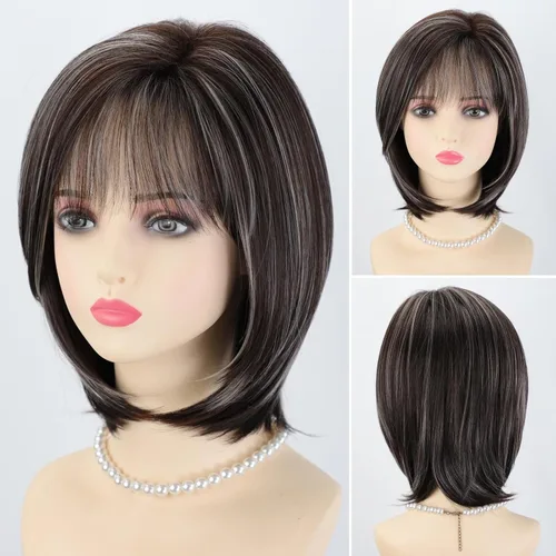 Miniatura 8 de RENERSHOW Pelucas rubias en capas para mujeres blancas con flequillo, peluca de pelo corto lacio, peluca sintética de color rubio degradado