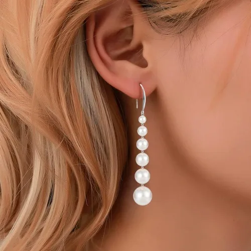 Miniatura 7 de Aretes largos de perlas para mujer, chapados en oro de 14 quilates, aretes colgantes de borla de plata de ley con poste de perlas largas para baile