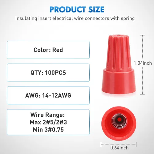Miniatura 2 de Nilight Kit de conectores de cable rojo de 100 piezas, tapas de cable eléctrico de 14-12 AWG, inserto aislante, terminal de cable eléctrico