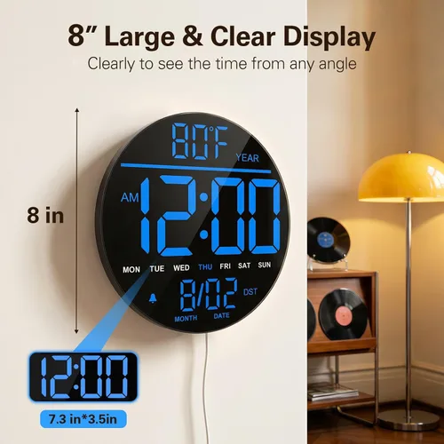 Miniatura 4 de JALL Reloj de pared digital grande de 8 pulgadas con pantalla LED, reloj de pared con temperatura, DST automático, temporizador de cuenta regresiva