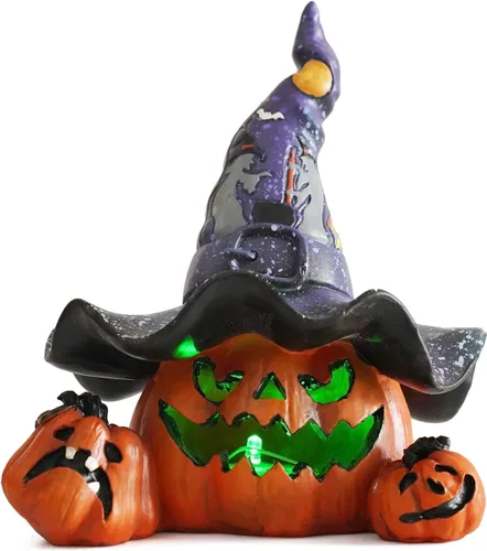 Hodao Decoraciones de calabaza de Halloween con luz, sombrero de bruja hecho a mano, adornos de calabaza para decoración de Halloween, decoración de