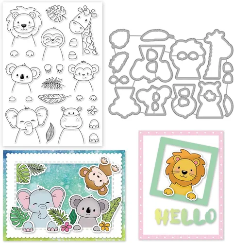 INFUNLY Juego de sellos y troqueles transparentes de animales tropicales – Sello de silicona transparente con forma de animal de león, elefante,