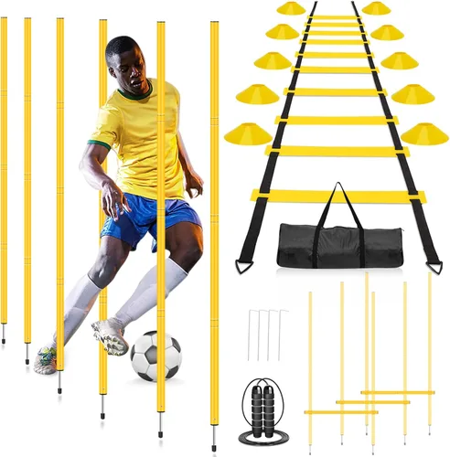 Equipo de entrenamiento de bastones de agilidad: incluye 6 postes de agilidad, 6 obstáculos de salto, escalera de agilidad, 12 conos de fútbol, 1