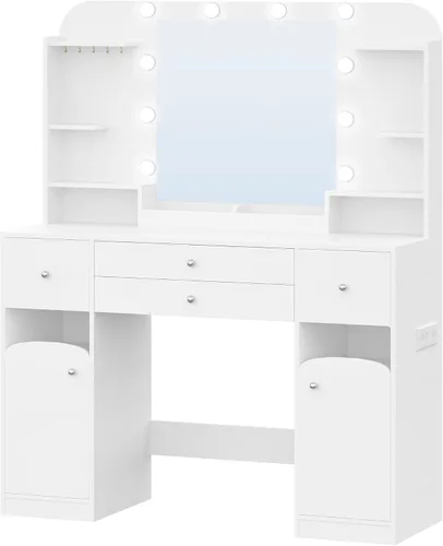 Miniatura 9 de Escritorio de tocador con espejo, tocador de maquillaje con luces LED, mesa de vestir con regleta de enchufes, 4 cajones, mesa grande de 42.5