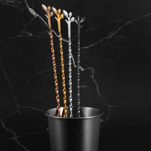 Miniatura 8 de AnSaw Cuchara de cóctel negra de acero inoxidable de 12 pulgadas con mango de hojas, perfecta para mezclar y poner en capas bebidas en tazas altas