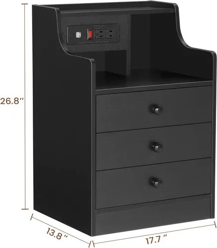 Miniatura 2 de ADORNEVE - Mesita de noche con estación de carga, mesita negra para dormitorio, mesa auxiliar con aparador y cajones de almacenamiento