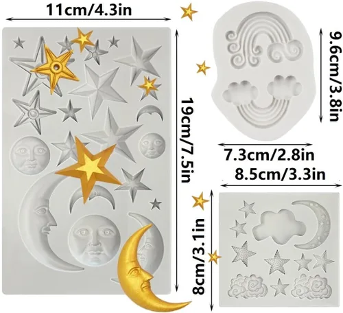 Miniatura 2 de Moldes de silicona con diseño de estrellas, luna y sol, para fondant de arcoíris, para chocolate, caramelo, goma de goma, herramientas de decoración