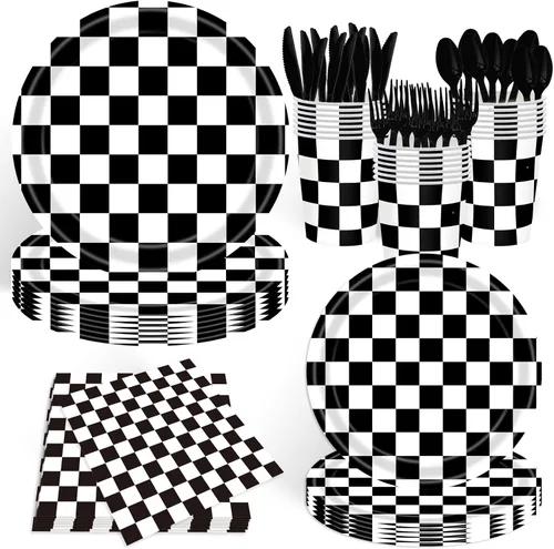 140 piezas de decoración de fiesta de cumpleaños de coche de carreras, platos y servilletas a cuadros en blanco y negro, suministros de fiesta a