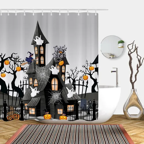 Miniatura 8 de ARESD Cortina de ducha de Halloween para baño, cortina de baño de tela de araña de casa de terror y calabaza, cortinas de ducha de poliéster