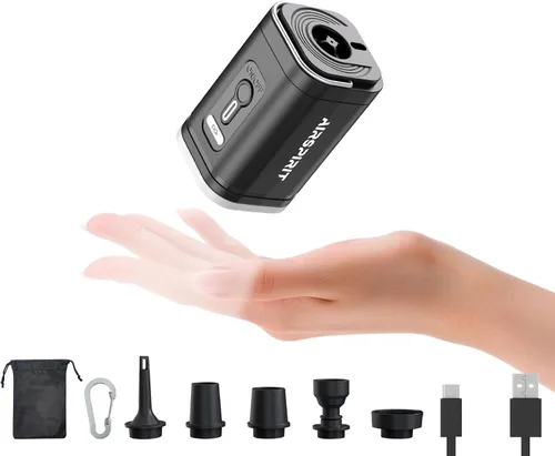 Mini bomba de aire eléctrica portátil para inflables, luz de campamento (SOS), 5 boquillas universales, clip de mosquetón, recargable de 1200 mAh,