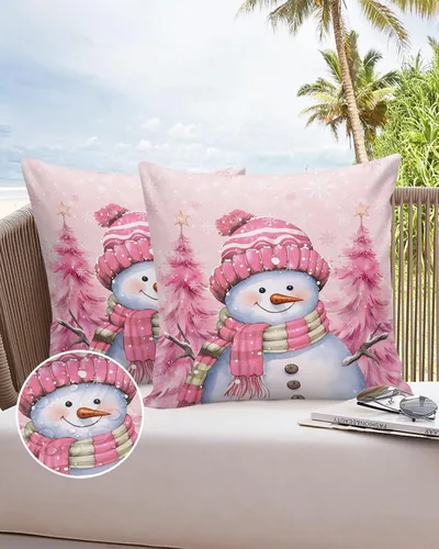 Miniatura 6 de Funda de almohada de invierno para exteriores, diseño de muñeco de nieve, pino, rosa, impermeable, paquete de 2 fundas de almohada con copos