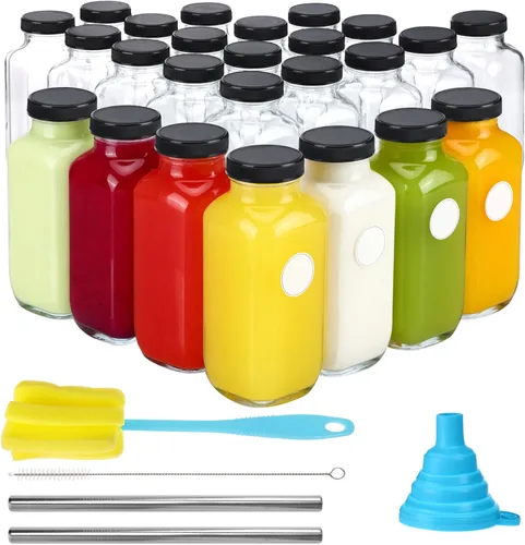 Miniatura 11 de CUCUMI 5 botellas de jugo de vidrio de 16 onzas con tapas, recipientes reutilizables para jugo, tarros de agua con cepillo, popotes de vidrio, tapas